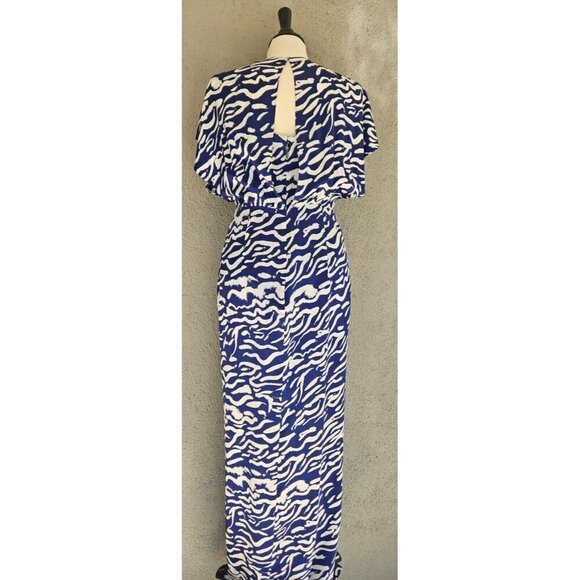 PRABAL GARUNG Blue and White Printed Silk Long Dress Ruched Bodice Size 8 - Picture 2 of 11